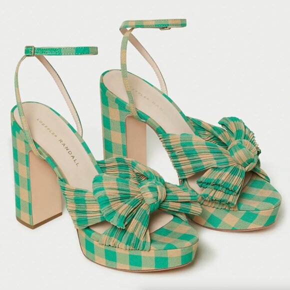 Loeffler Randall Natalia Bow Platform Heel SANDALS Size 5 Green Gingham NEW $450 - Picture 3 of 16